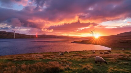 Poster - A picturesque sunrise over a lake with sheep grazing and wind turbines capturing the breeze.