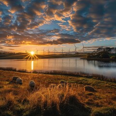 Poster - A picturesque sunrise over a lake with sheep grazing and wind turbines capturing the breeze. 