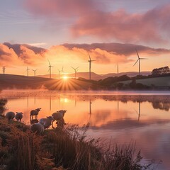 Poster - A serene sunrise over a lake with a flock of sheep and wind turbines standing tall in the distance. 