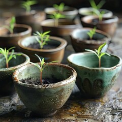 Poster - A series of seed pots with tiny green shoots just starting to grow. 