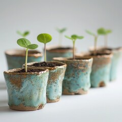 Poster - A series of seed pots with tiny green shoots just starting to grow. 