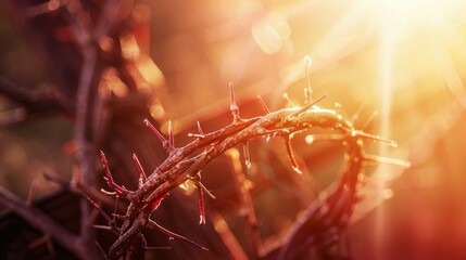 Poster - Close-up of a crown of thorns on a cross with a bright, divine light illuminating the background. 