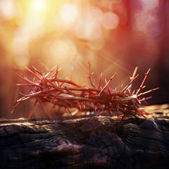 Poster - Close-up of a crown of thorns on a cross with a bright, divine light illuminating the background.