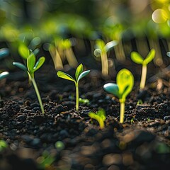 Poster - Close-up of small green seedlings emerging from rich, dark soil in a garden bed.