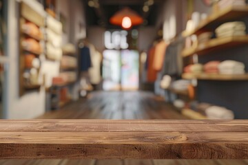 Poster - A wooden table in a retail setting with a blurred background