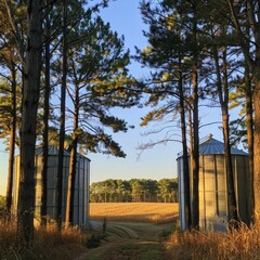 Poster - Grain silos in the countryside framed by tall trees and a clear blue sky. 