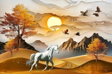 Wall Mural - 3D mural wallpaper suitable for frame canvas print . horse and golden trees with colored mountains . golden sun and birds with modern background, Generative AI