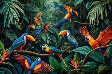 Poster - Beautiful Nature Painting wildlife Birds with Tree Background. Birds of Paradise in the Jungle and Tropical Leaves Tree. 3d Interior Mural Canvas Painting wall art, Generative AI