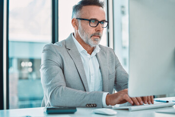 Poster - Office, computer and mature man with budget planning, research and calculator at accounting agency. Financial advisor, consultant or businessman at desk for online tax review in business development