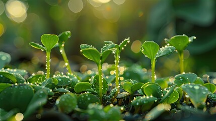 Poster - Small green sprouts with dewdrops glistening on their leaves in the morning light. 