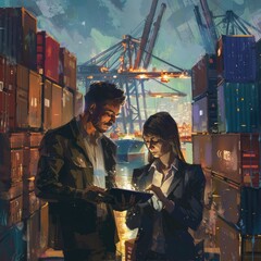 Poster - The business duo working on a tablet, surrounded by cargo containers and freight ships in the background. 