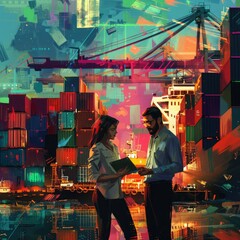 Poster - The business duo working on a tablet, surrounded by cargo containers and freight ships in the background. 