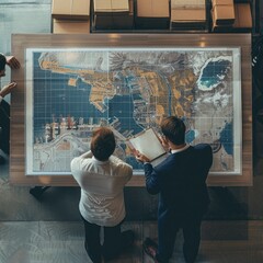 Poster - The business team consulting a large map of the harbor to coordinate cargo movements and delivery routes.