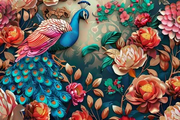 Wall Mural - Elegant leather base combines bright color floral with exotic oriental pattern flowers and peacocks illustration background. 3d abstraction wallpaper for interior mural wall art, Generative AI