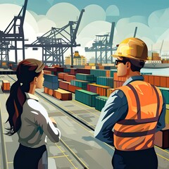 Fototapete - The businessman and businesswoman communicating with dock workers while monitoring freight operations. 