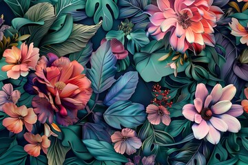 Sticker - wallpaper with colorful flowers and leaves. 3d interior mural wall art decor wallpaper. Floral plant and  flowers illustration background. Generative AI