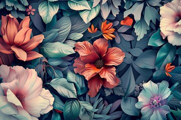 Wall Mural - wallpaper with colorful flowers and leaves. 3d interior mural wall art decor wallpaper. Floral plant and  flowers illustration background. Generative AI