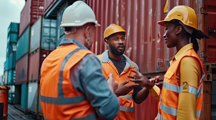 Fototapete - The duo discussing transportation and delivery logistics with a group of dock workers.