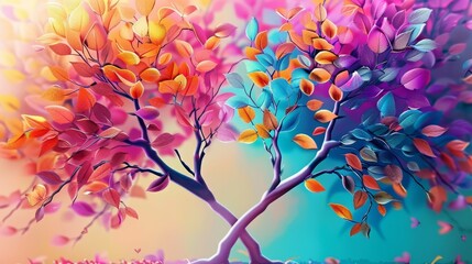 Sticker - Elegant colorful tree with colorful leaves illustration background. Bright painting 3d abstract wallpaper for interior mural wall art decor. Generative AI