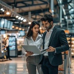 Poster - The duo examining supply chain data on a laptop while standing in a busy terminal. 