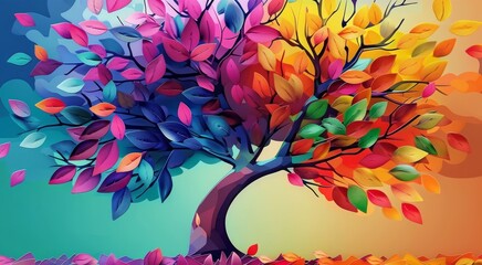 Sticker - Elegant colorful tree with colorful leaves illustration background. Bright painting 3d abstract wallpaper for interior mural wall art decor. Generative AI