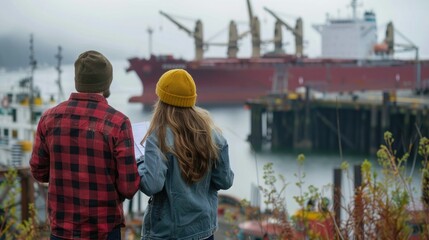 Fototapete - The duo reviewing shipping manifests while overlooking the harbor with cargo ships docked nearby. 