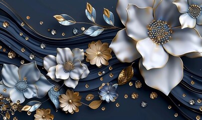 Canvas Print - 3d mural illustration white & blue background with golden jewelry and flowers, in black decorative wallpaper, Generative AI