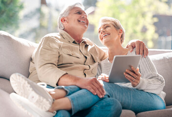 Wall Mural - Happy, senior couple and sofa with tablet for browsing social media, streaming video and reading funny meme. Elderly, people and laughing with digital of communication, comic article or love at house