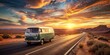© Selene Studio - Vintage van traveling on desert road at sunset for nomadic escape , adventure, freedom, road trip, nature, solitude, journey
