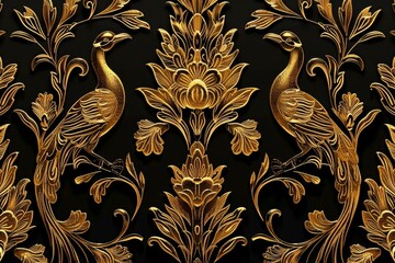 Poster - Elegant leather base golden floral seamless damask flowers with golden peacocks isolated on black background. Matelic, Italian, chains 3d interior mural wall art decor, Generative AI