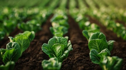 Sticker - Rows of fresh green cabbage plants are flourishing in a vast, neatly arranged field, symbolizing growth and the nurturing power of agriculture and nature's fecundity.