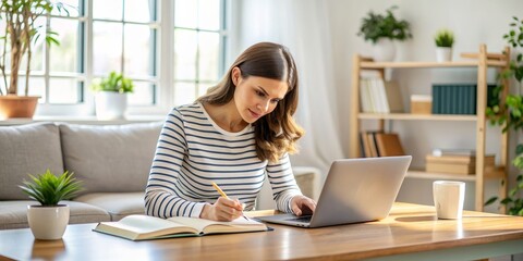 A woman studying for a certification exam at home, education, studying, female, home office, self-study