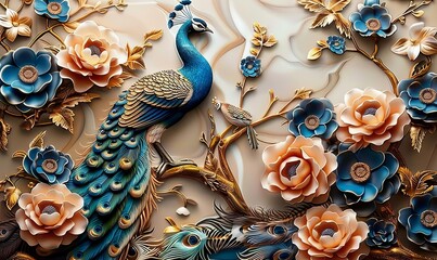 Wall Mural - Elegant leather base combines bright color floral with exotic oriental pattern flowers and peacocks illustration background. 3d abstraction wallpaper for interior mural wall art, Generative AI