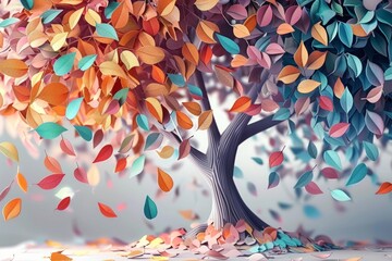 Poster - Colorful tree with leaves on hanging branches illustration background. 3d abstraction wallpaper for interior mural wall art decor. Floral tree with multicolor, Generative AI