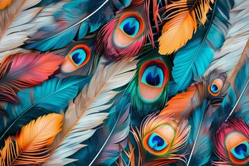 colorful feathers leave on the living wall 3d abstraction wallpaper. Abstract seamless pattern peacock feathers background. Multicolor feather above on hanging wall interior mural, Generative AI