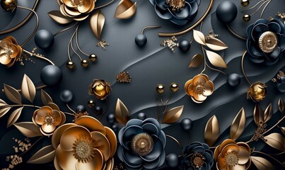 Wall Mural - 3d mural illustration background with golden jewelry and flowers, in black decorative wallpaper, Generative AI