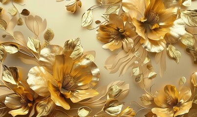 Wall Mural - Golden floral background,  gold flowers, 4k abstract vintage flower design, mural art, gold luxury, luxurious nature, 3D illustration, 3D render, Generative AI