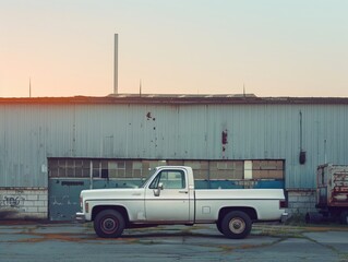 White pickup truck parked at industrial warehouse during mesmerizing evening sunset