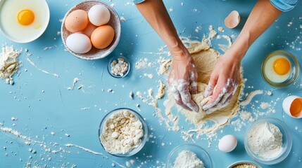 Sticker - Top view of hands kneading dough with various baking ingredients like eggs and flour spread on a blue kitchen table. This image illustrates home baking. 