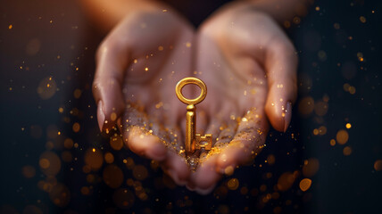 Golden Key to Success: A woman's cupped hands, adorned with glittering gold dust, cradle a golden key, symbolizing the unlocking of opportunity, potential, and dreams.