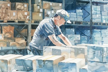 Wall Mural - A worker is busy at his task in a large warehouse setting