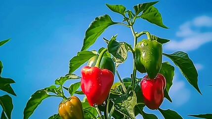 vibrant photograph red green peppers growing plant clear blue sky agriculture organic farming health