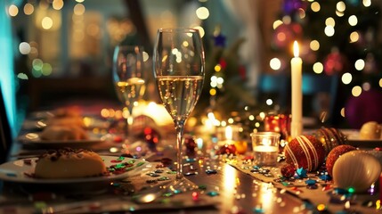 table set for a holiday feast with confetti decorations among the dishes and candles