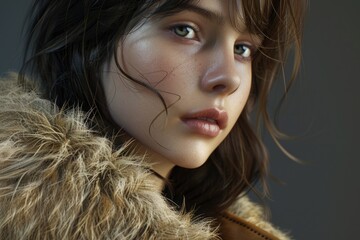 Wall Mural - A close-up shot of a woman wearing a luxurious fur coat, with a hint of sophistication and glamour