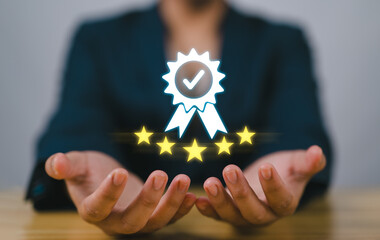 Poster - Hand shows the sign of the top service Quality assurance 5 star, Guarantee, Standards, ISO certification and standardization concept.