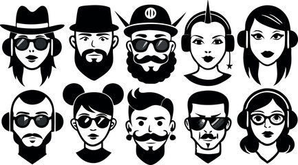 A collection of stylized black and white avatars depicting diverse individuals with unique accessories and hairstyles, perfect for profile icons, illustrations, and creative design.