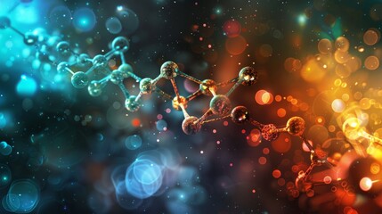 Poster - Colorful abstract depiction of molecular structures with a glowing bokeh background. Shows vibrant blue and orange hues. Suitable for scientific, technological, and educational purposes. AI