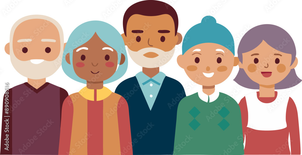 Colorful vector illustration showing a diverse group of elderly people ...