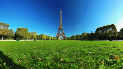 Panoramic view of the Eiffel Tower surrounded by lush green field under a bright blue sky. Captures classic beauty and iconic architecture. Ideal for travel, tourism, and landscapes. AI