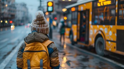 Wall Mural - Rear back view of little toddler boy wearing backpack and jacket, waiting on a public transport stop station for a yellow school bus travel.elementary kindergarten education kid child